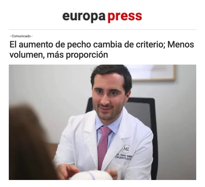 Nota de prensa de la Clínica Dr. Millán Longo sobre el aumento de pecho publicada en Europa Press